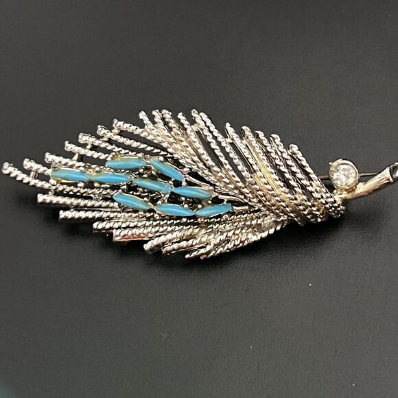 Brooch- Enamal Feather Silver Tone Brooch Vintage 2.75 Inches - Picture 6 of 6
